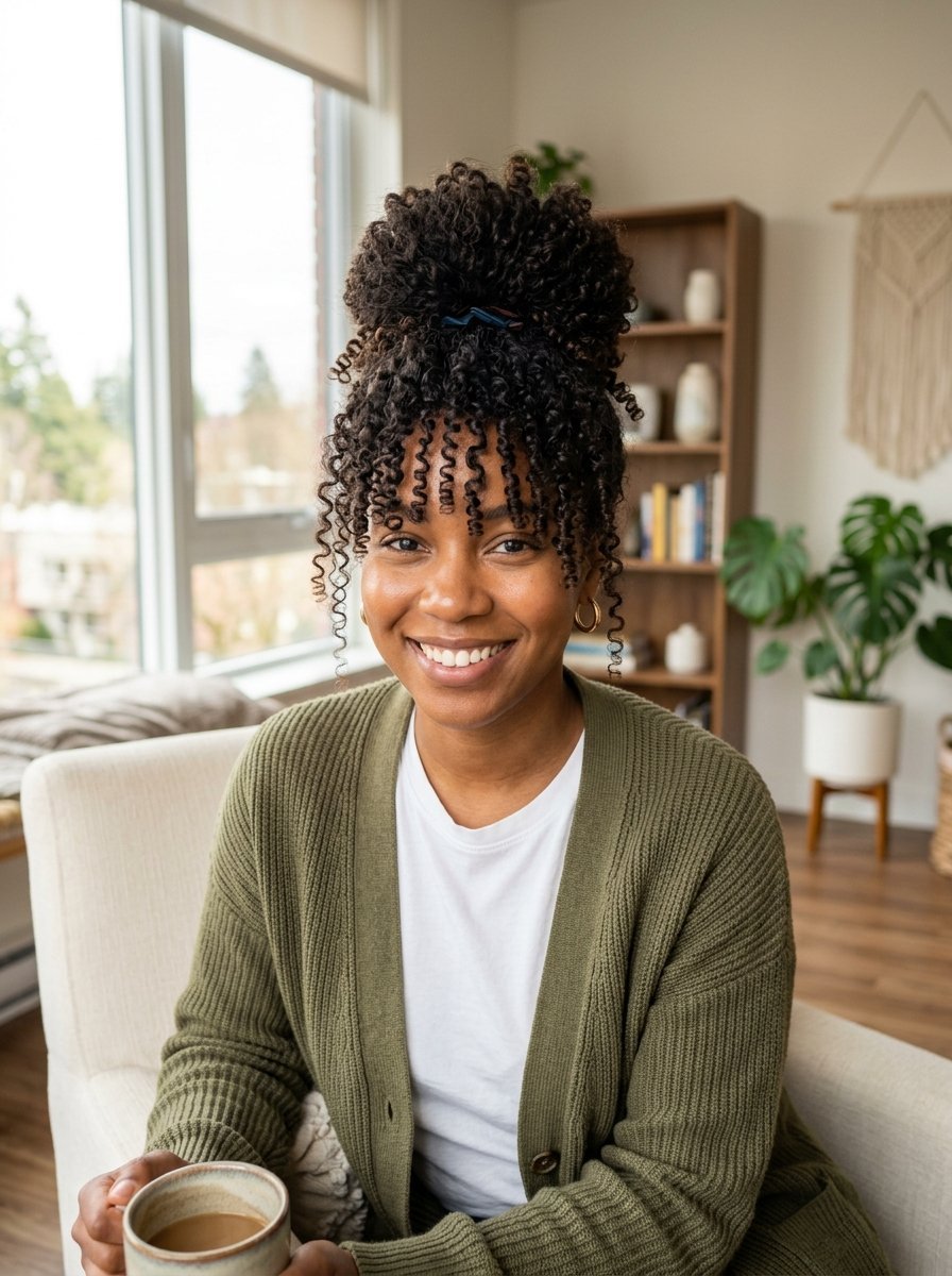 Portrait of a woman with curly hair in a high bun sitting in a bright room holding a ceramic coffee cup.