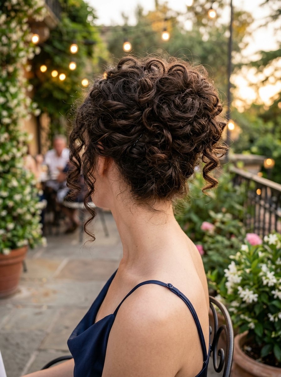 A side view of a woman with curly brown hair styled in an updo, wearing a navy dress on a garden patio.