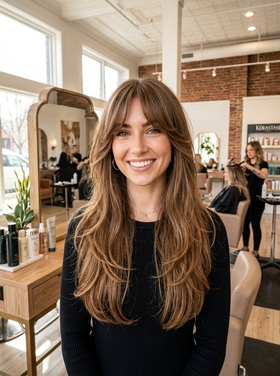 A smiling woman with long brown hair and trendy curtain bangs posing inside a professional hair salon.