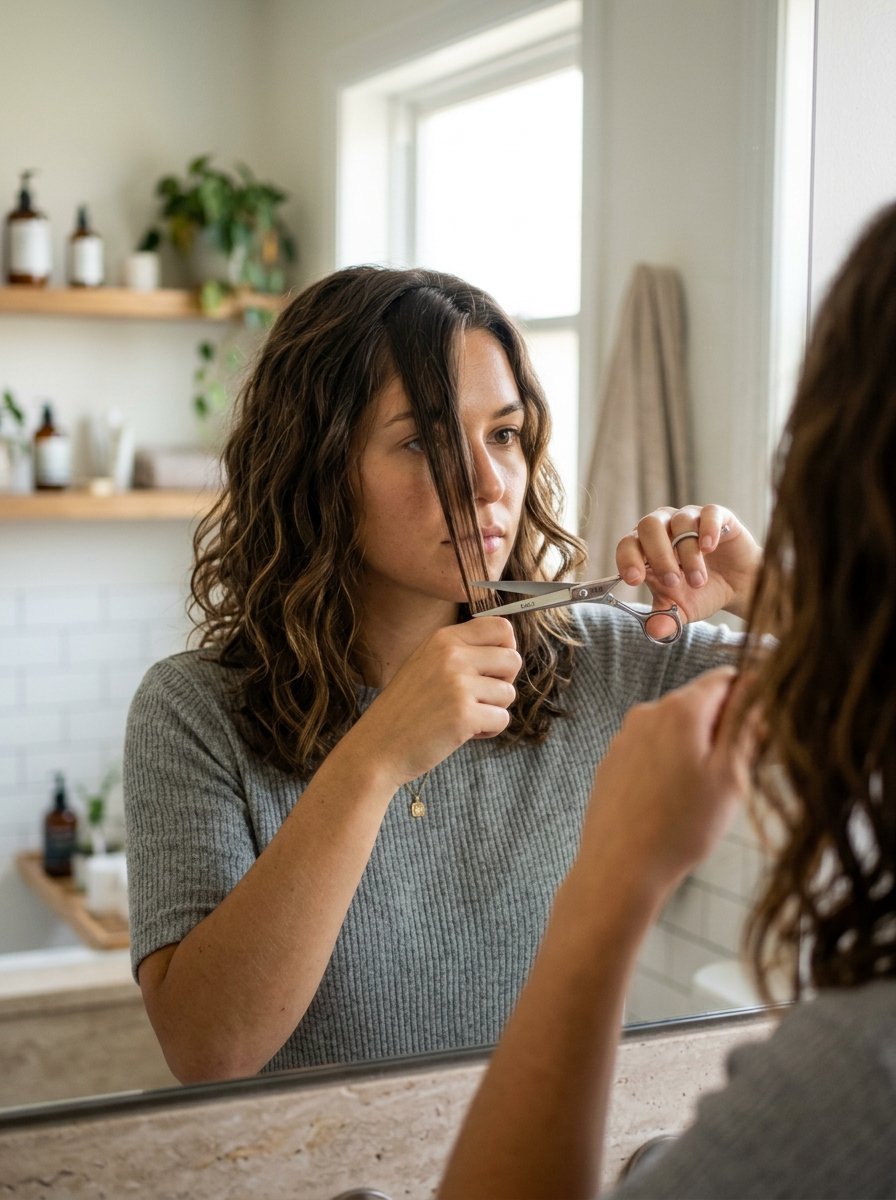 Close up of a woman in a grey shirt holding scissors to cut a section of her wavy brown hair in a home bathroom.