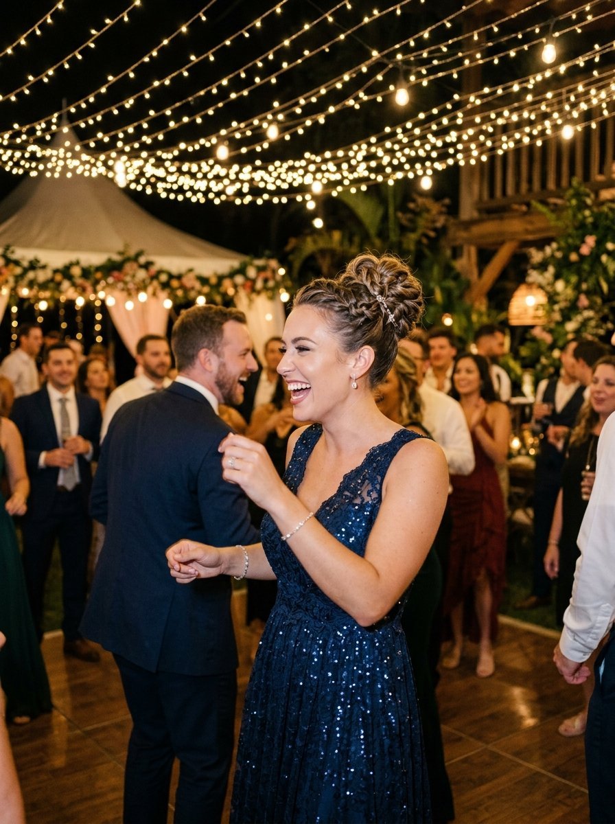 A woman in a navy blue sequin gown dances and laughs on a wooden floor under string lights at night.