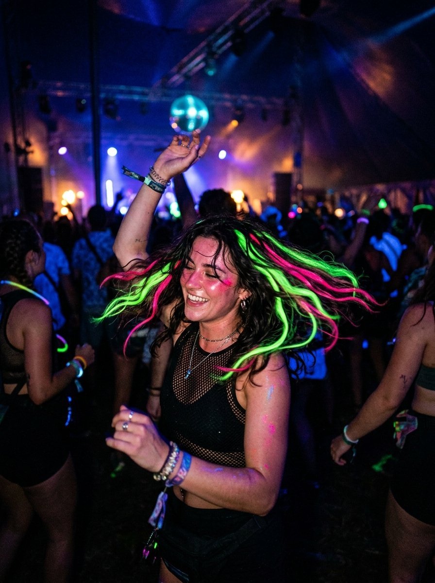 A smiling young woman with glowing pink and green hair extensions dancing in a crowded, dimly lit nightclub.