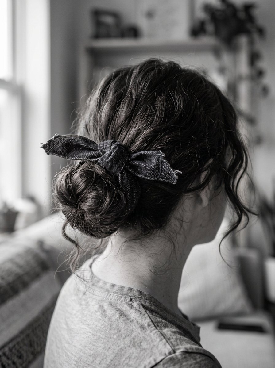 Close up rear view of a woman with curly hair styled in a bun featuring a tied dark denim fabric hair accessory.