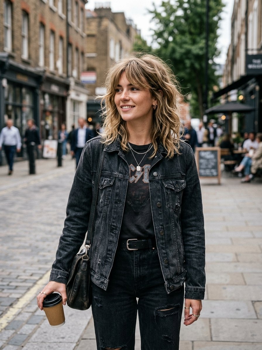 Young woman with blonde shag haircut and black distressed denim outfit holding a coffee cup on a city sidewalk.