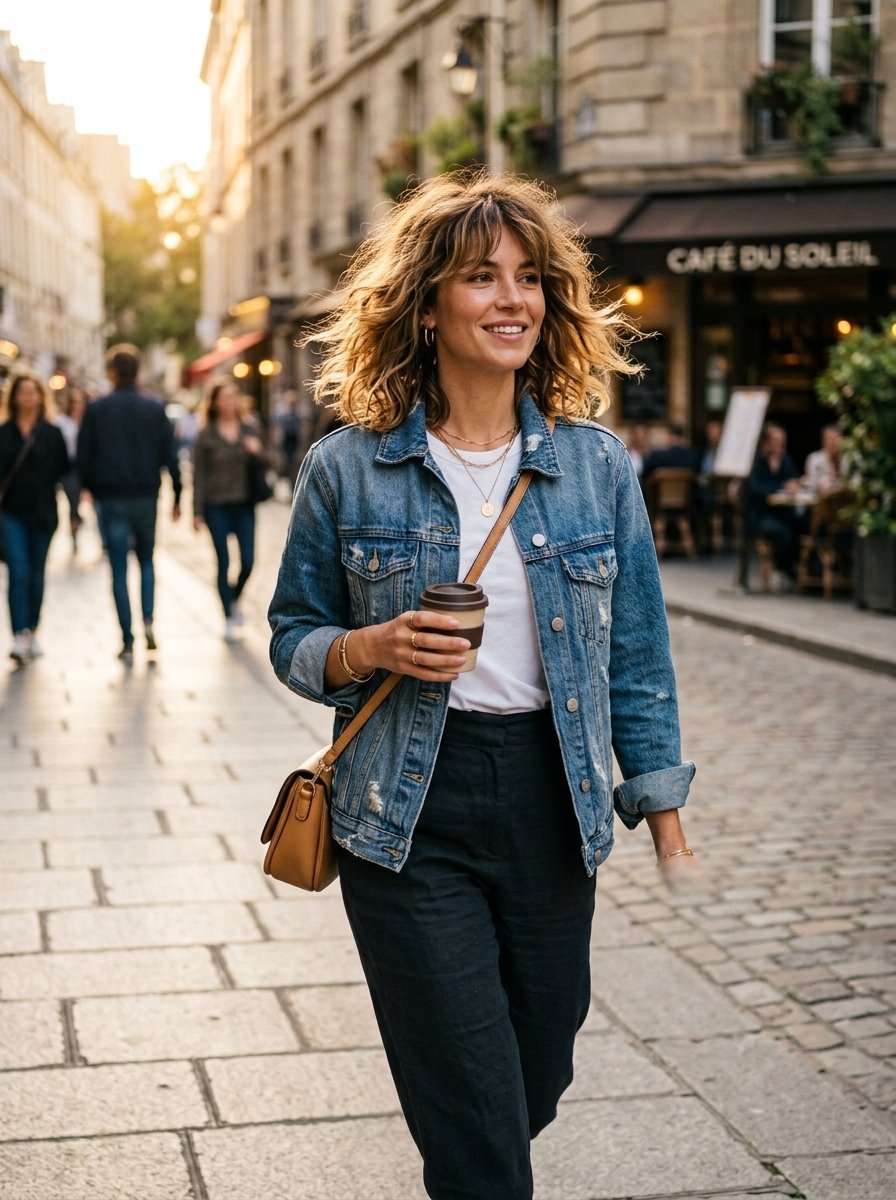 Smiling woman in a denim jacket and dark trousers carries a coffee cup while walking on a European city sidewalk.
