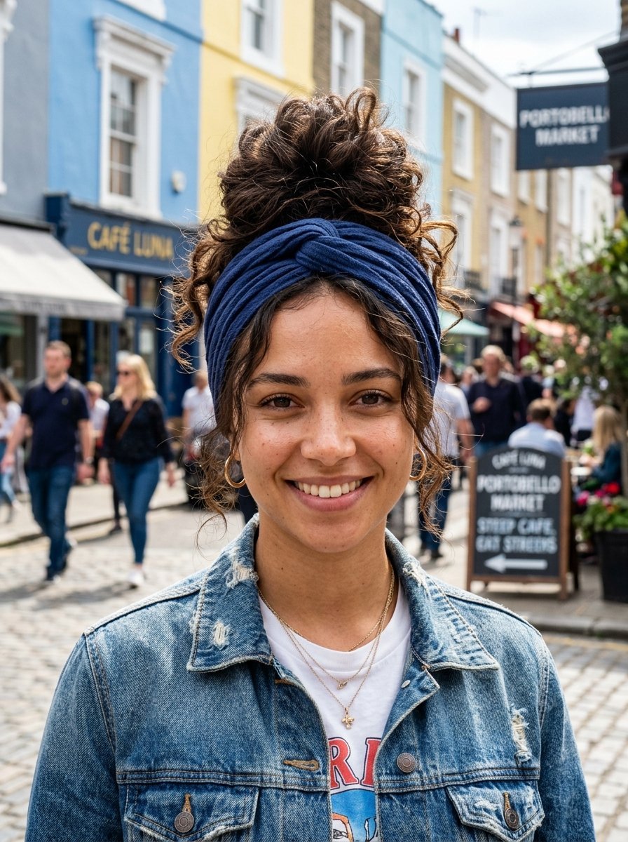 Portrait of a woman wearing a denim jacket and navy blue headband in a colorful London street.
