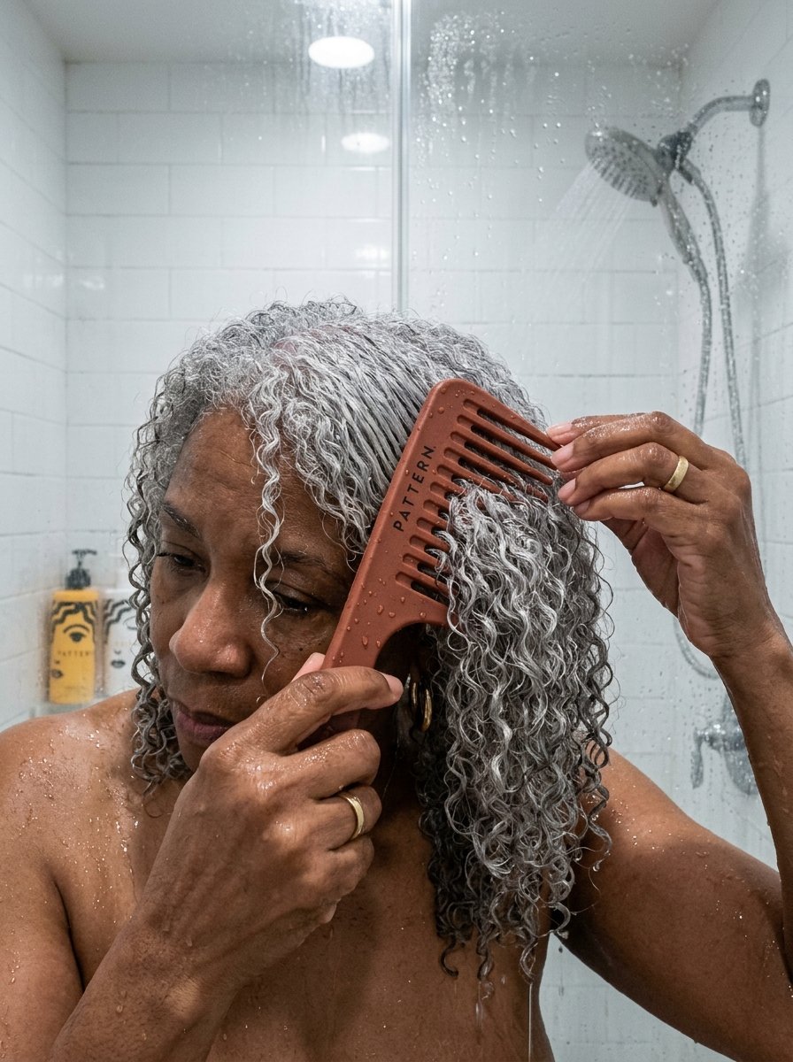 Close up of a woman with wet silver curly hair combing through her locks with a Pattern brand hair tool.