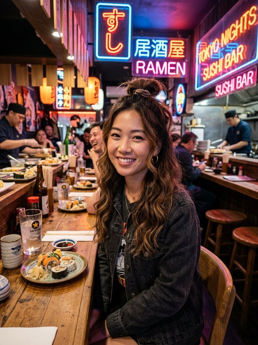 A smiling woman sits at a wooden counter with sushi in front of her under colorful neon signs in a restaurant.