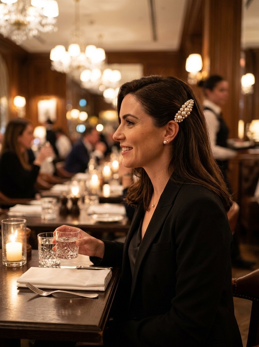 Profile view of a woman with a pearl clip sitting at a candlelit table in a restaurant.