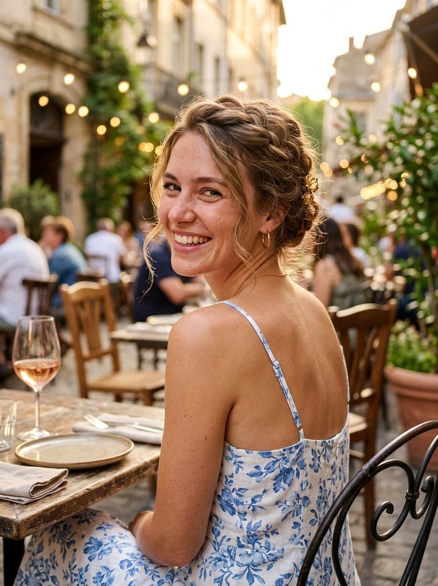 A smiling woman with braided hair looks back while sitting at an outdoor bistro table with a glass of rose wine.