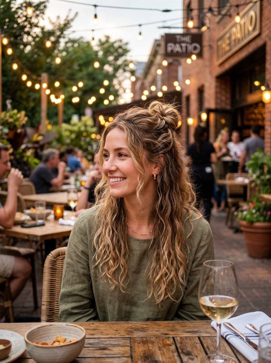 Young woman with blonde wavy hair sitting at a wooden table in an outdoor restaurant lit by string lights.