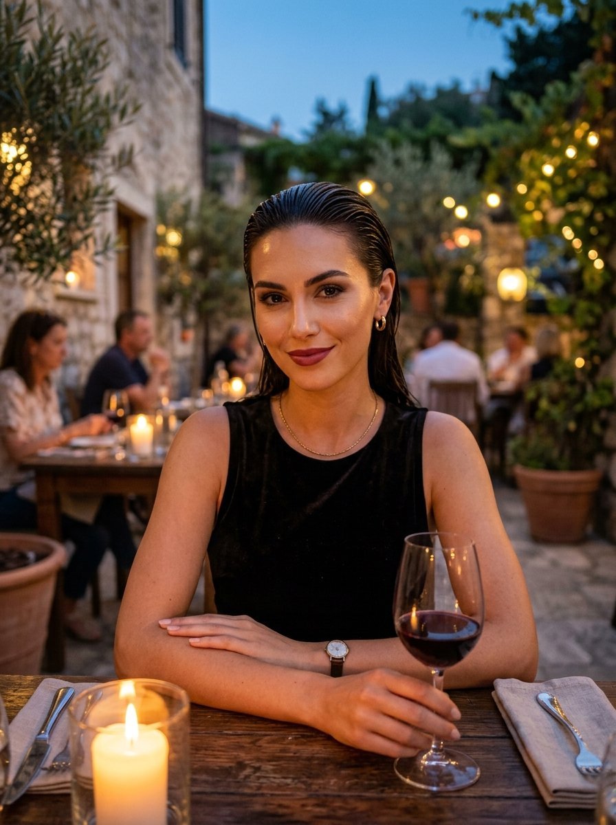 A smiling woman in a black top sits at a candlelit wooden table with a glass of red wine in an outdoor patio setting.