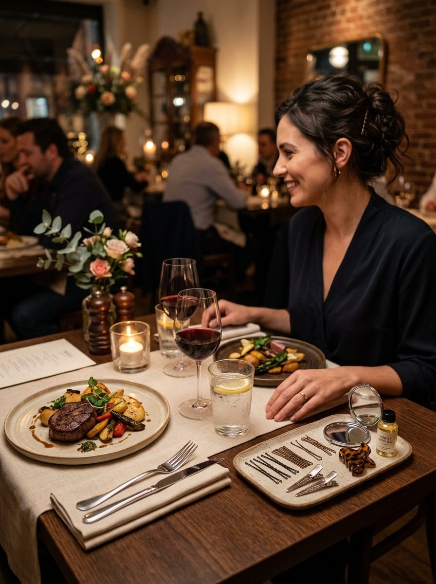 Woman at a restaurant table with a steak dinner and a tray of hair clips and bobby pins beside her.