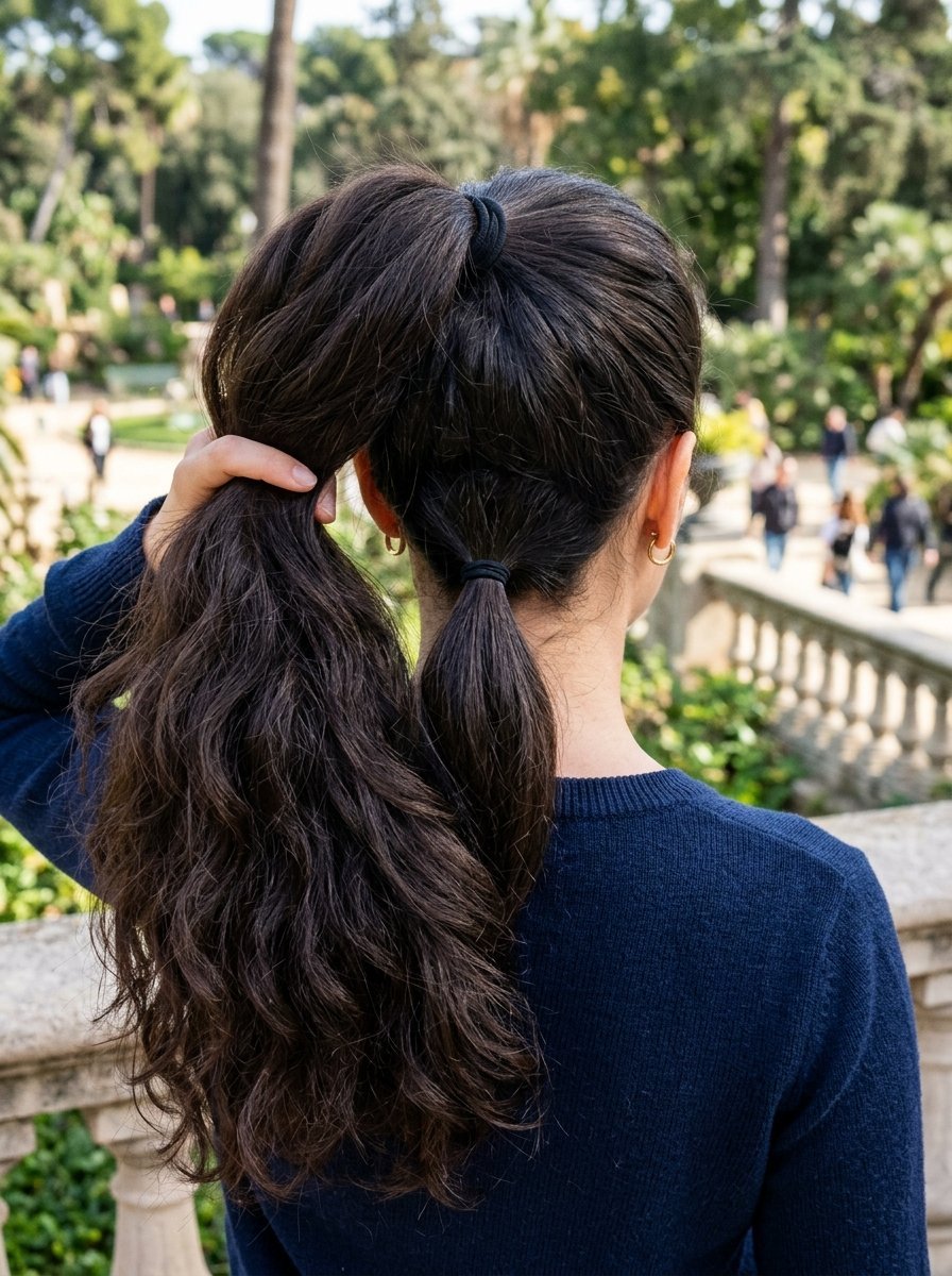 Back view of a woman with long dark wavy hair styled in a dual ponytail held by black elastic bands.