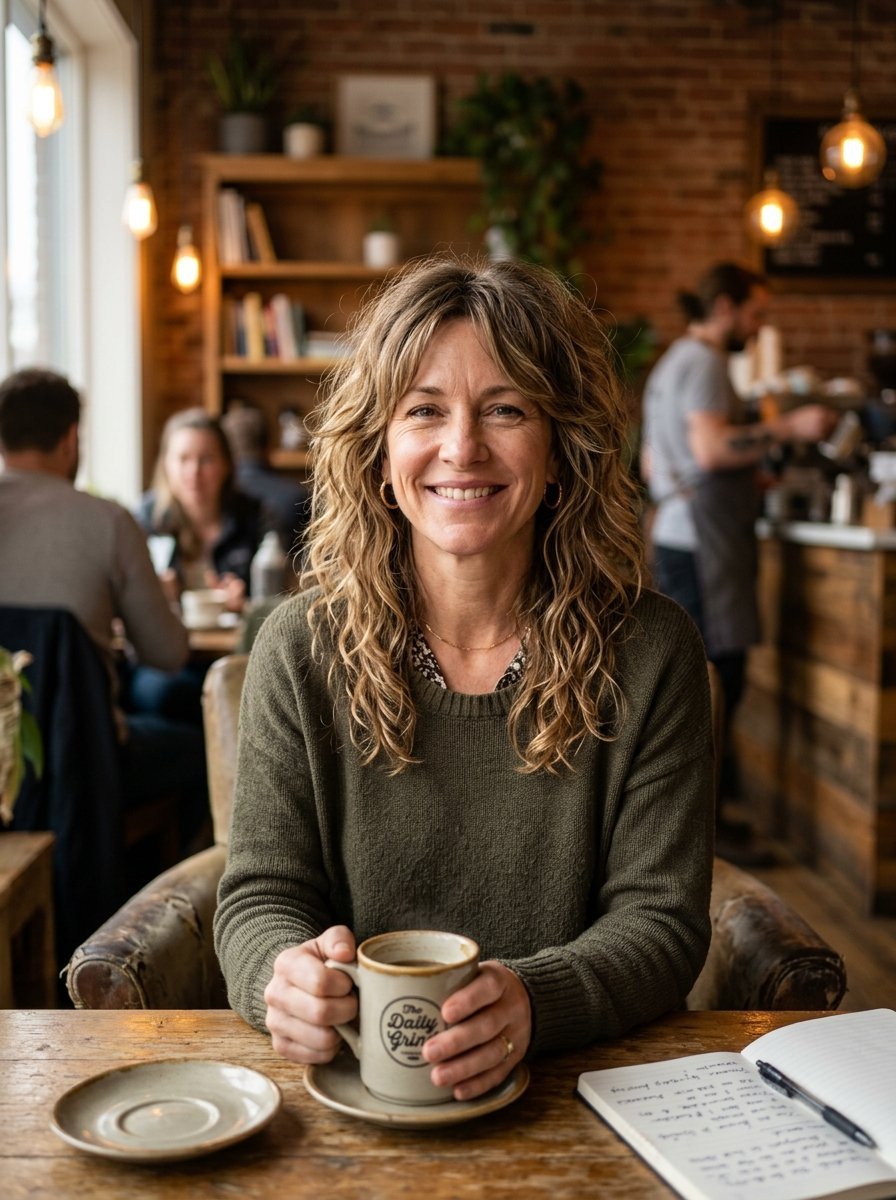 A woman with wavy blonde hair wears a green sweater while holding a coffee cup at a wooden table in a cafe.