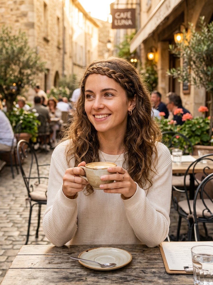 Young woman with braided hair holding a coffee cup at a rustic wooden table outside a street bistro.