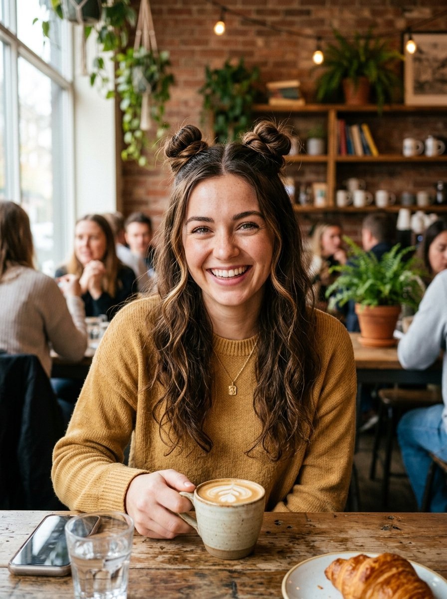 Portrait of a smiling woman with hair in double buns holding a coffee cup at a rustic wooden table in a coffee shop.