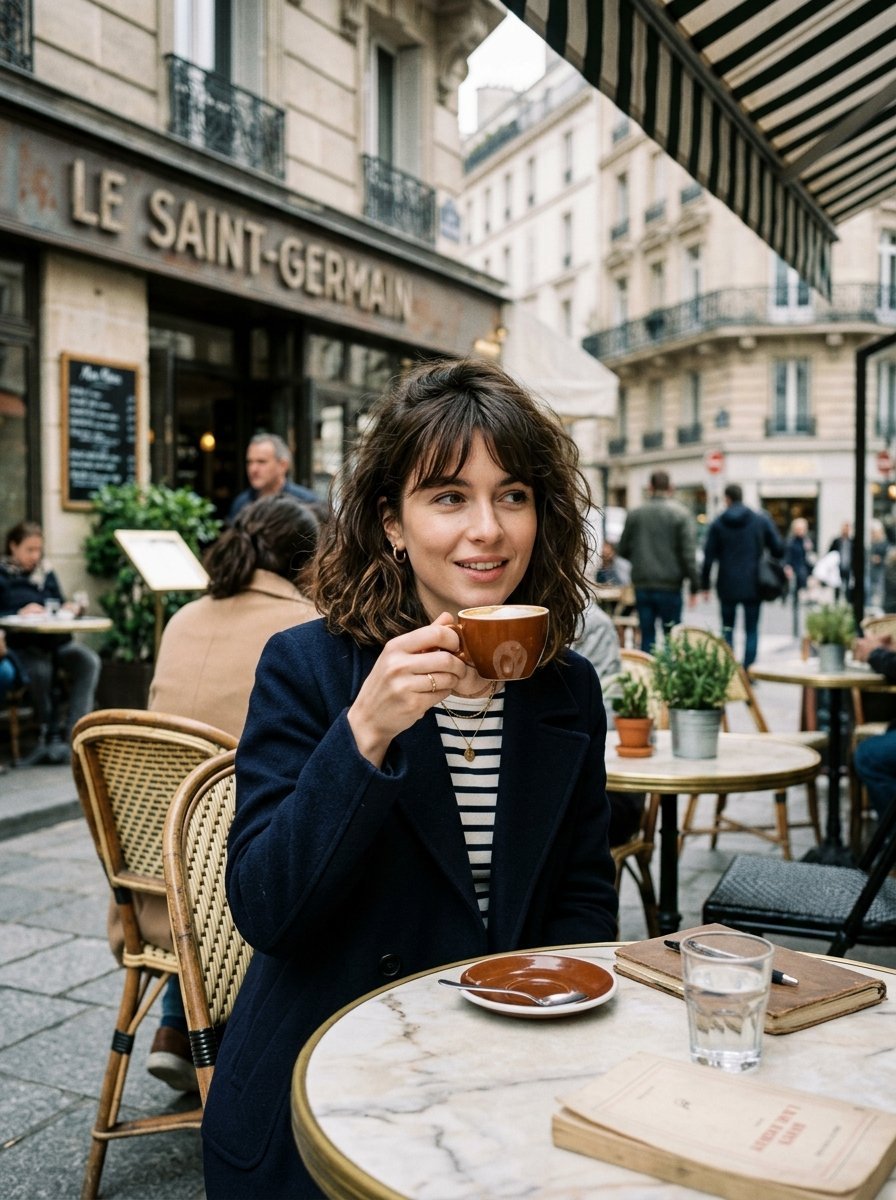 Young woman with wavy hair sipping espresso at a marble table outside a cafe in Paris.