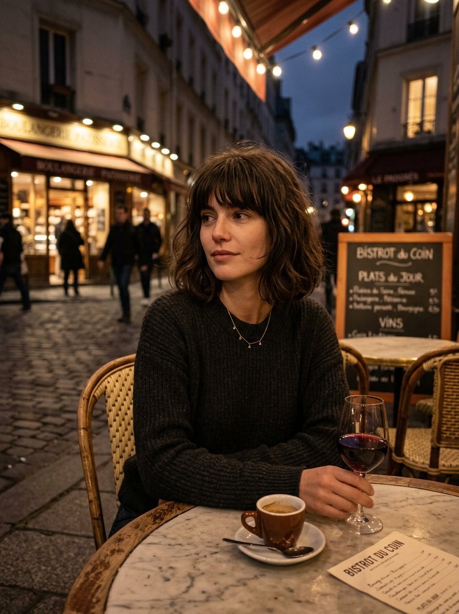 A brunette woman sits at a marble cafe table with espresso and red wine on a cobblestone street in Paris at dusk.