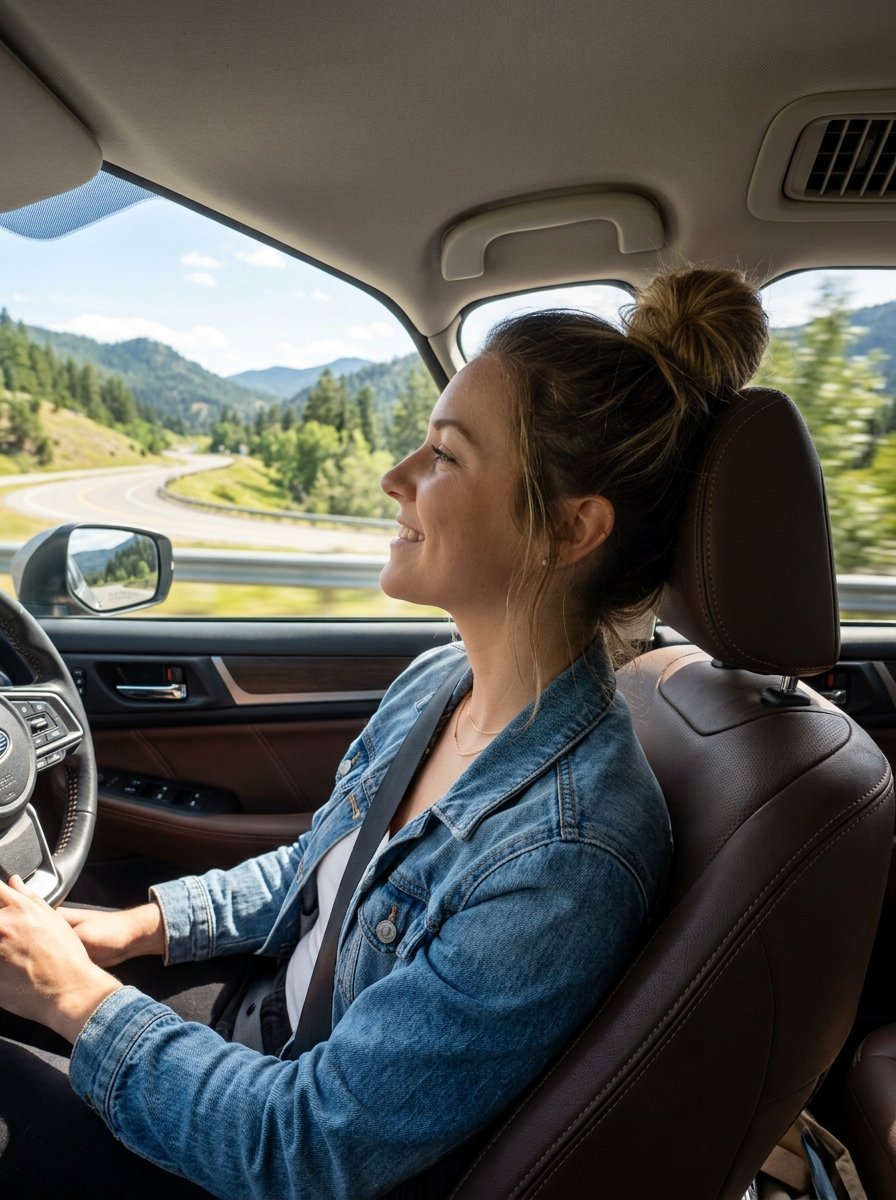 Side profile of a woman with a hair bun wearing a denim jacket while driving along a winding mountain highway.