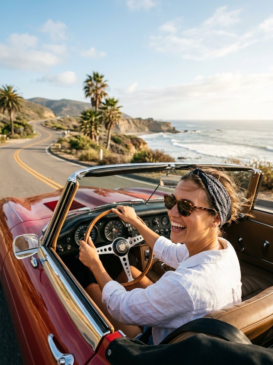 Smiling woman with sunglasses and a headscarf driving a classic red car beside the ocean.