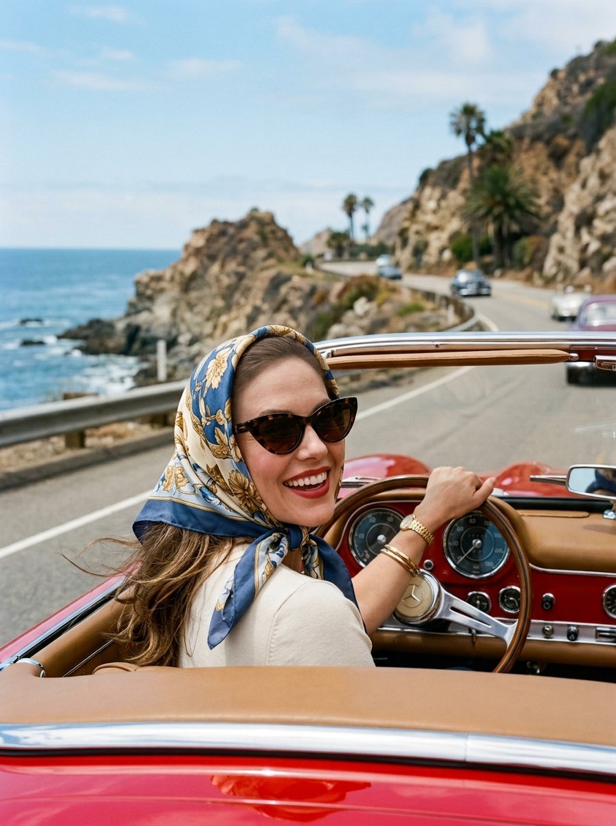 Smiling woman in a silk headscarf and sunglasses driving a red convertible on a cliffside road.