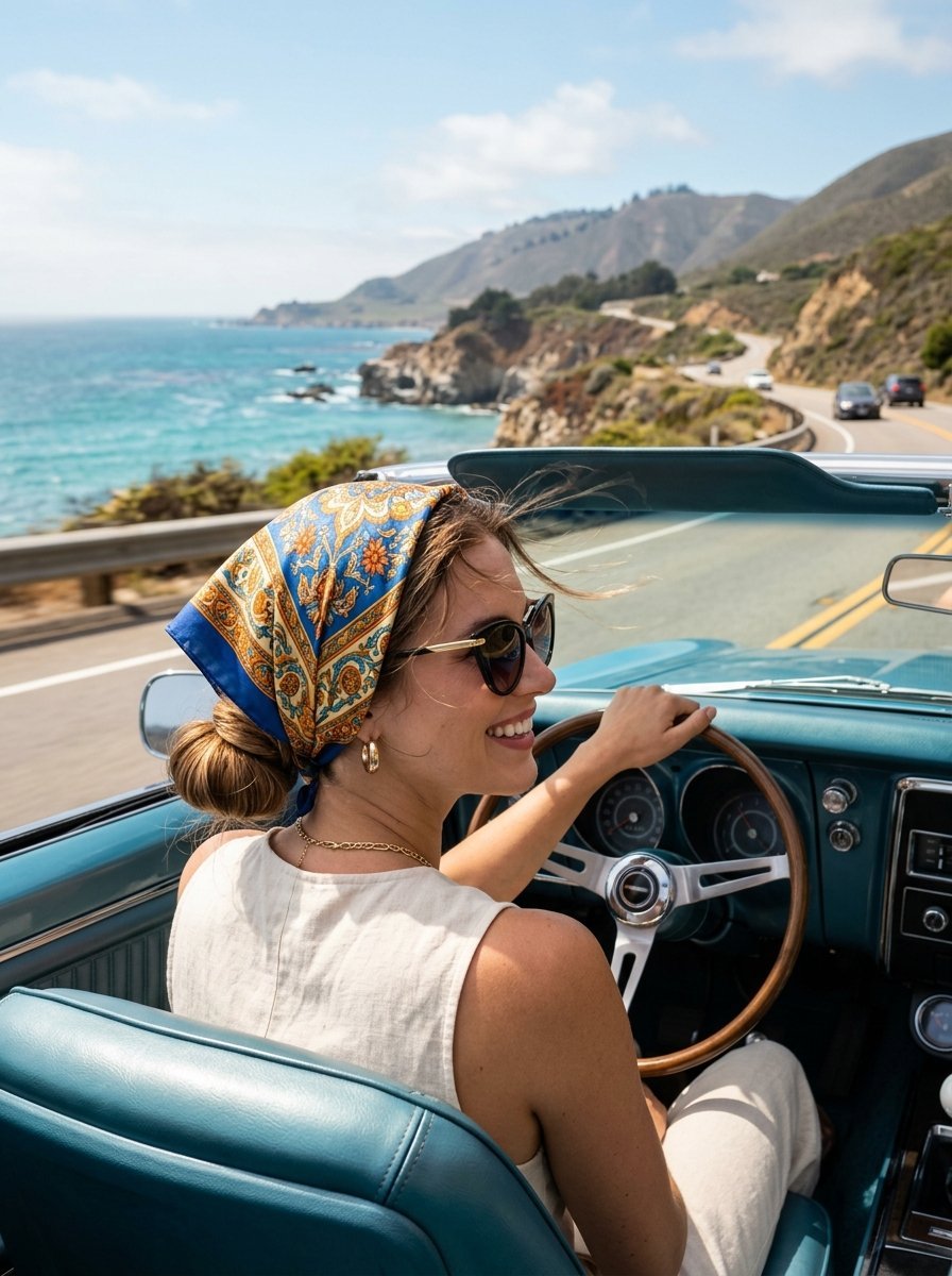 Woman in a colorful headscarf and sunglasses driving a blue convertible on a sunny seaside road.