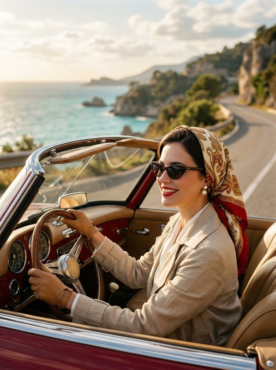 Smiling woman in a headscarf and sunglasses driving a red classic car on a scenic cliffside highway by the ocean.