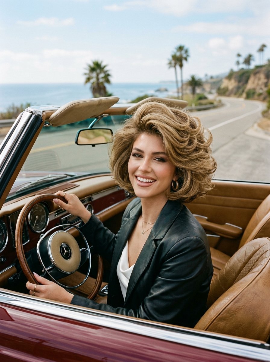 A woman with a big hairstyle sitting in the driver seat of a maroon classic car by the ocean.