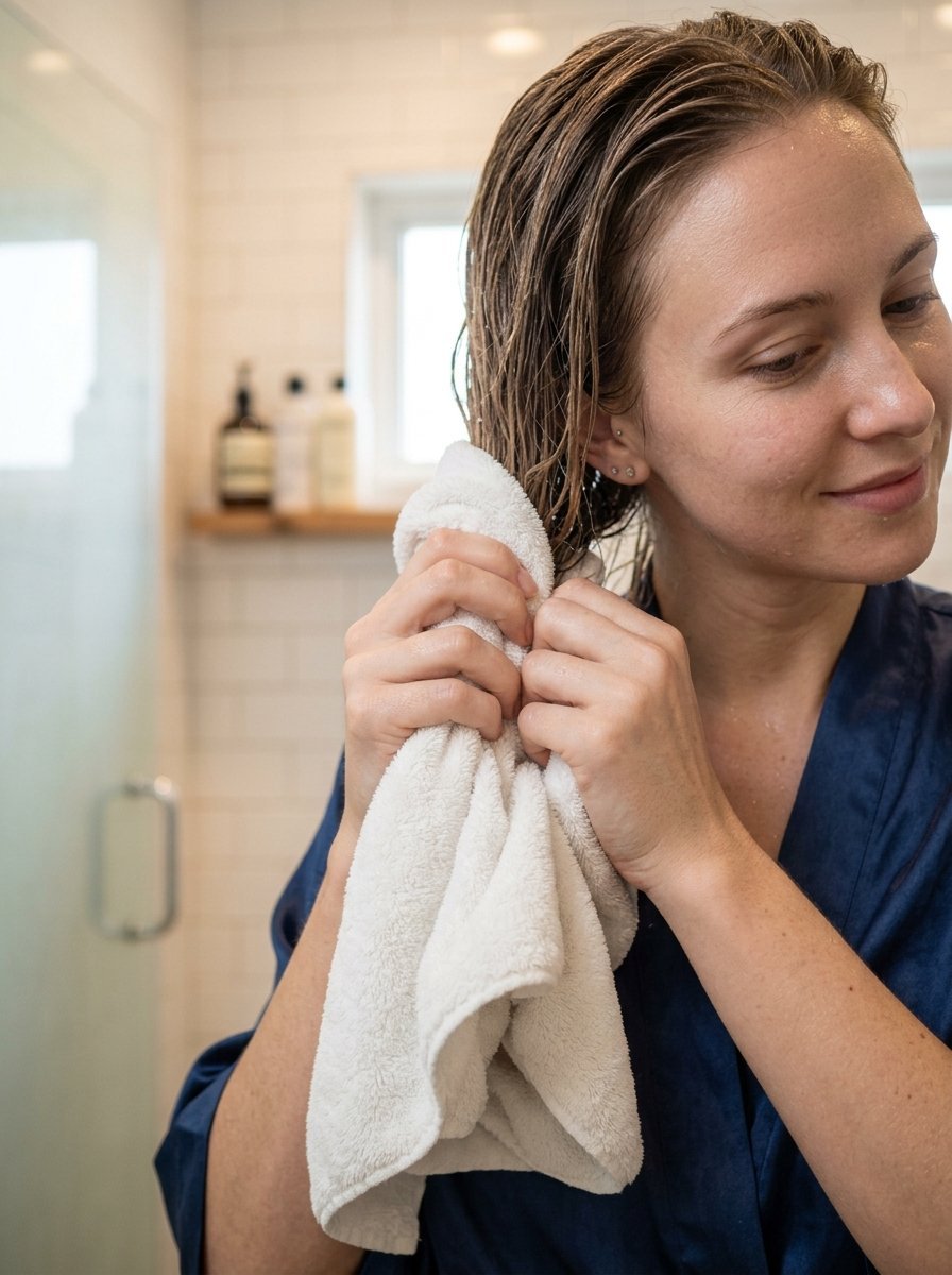 Close-up of a person in a navy robe using a soft white towel to pat dry their wet hair in a bright bathroom.