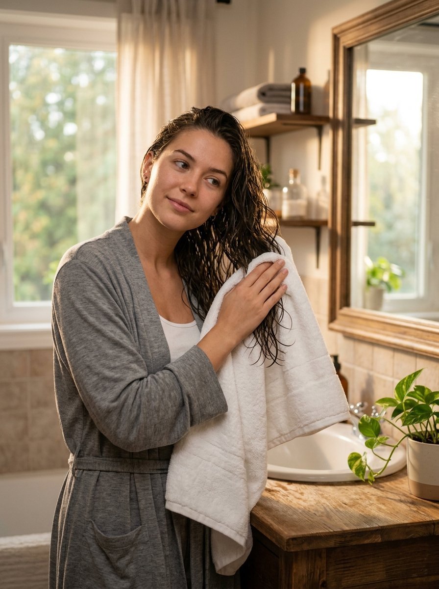 Young woman in a grey robe gently towel-drying her wet hair in a sunlit bathroom.