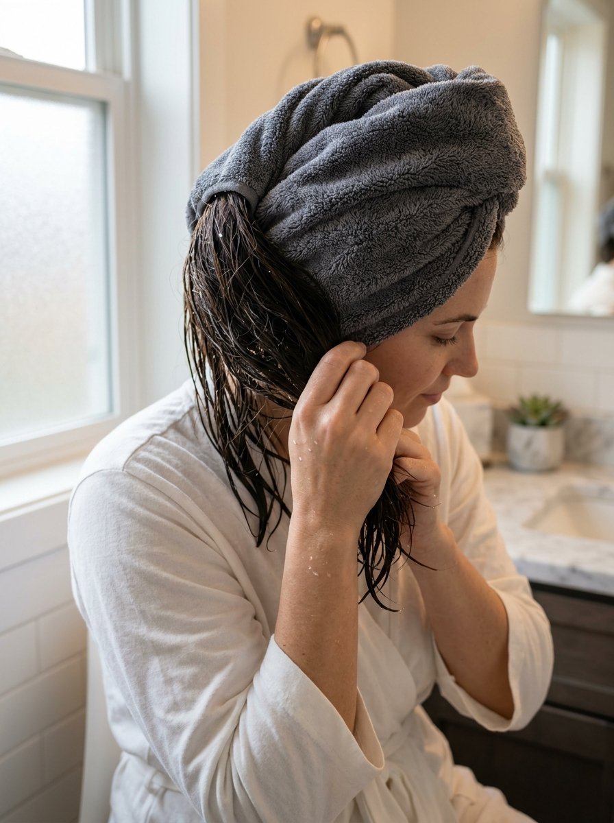 A woman wearing a white robe and grey hair wrap towel touching her wet hair in a bright bathroom.