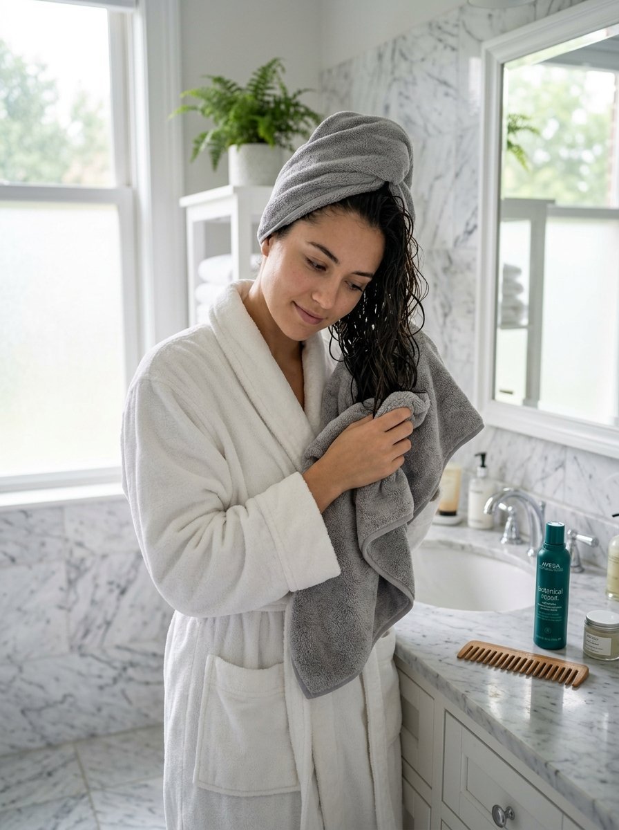 A woman wearing a grey hair towel wrap dries her damp strands with a matching towel in a marble bathroom.