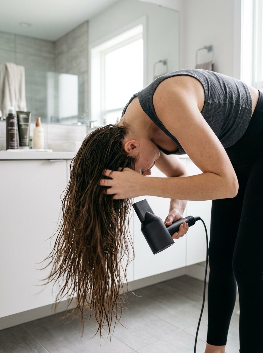 A person in a grey tank top using a black hairdryer on their damp hair inside a bright white bathroom.