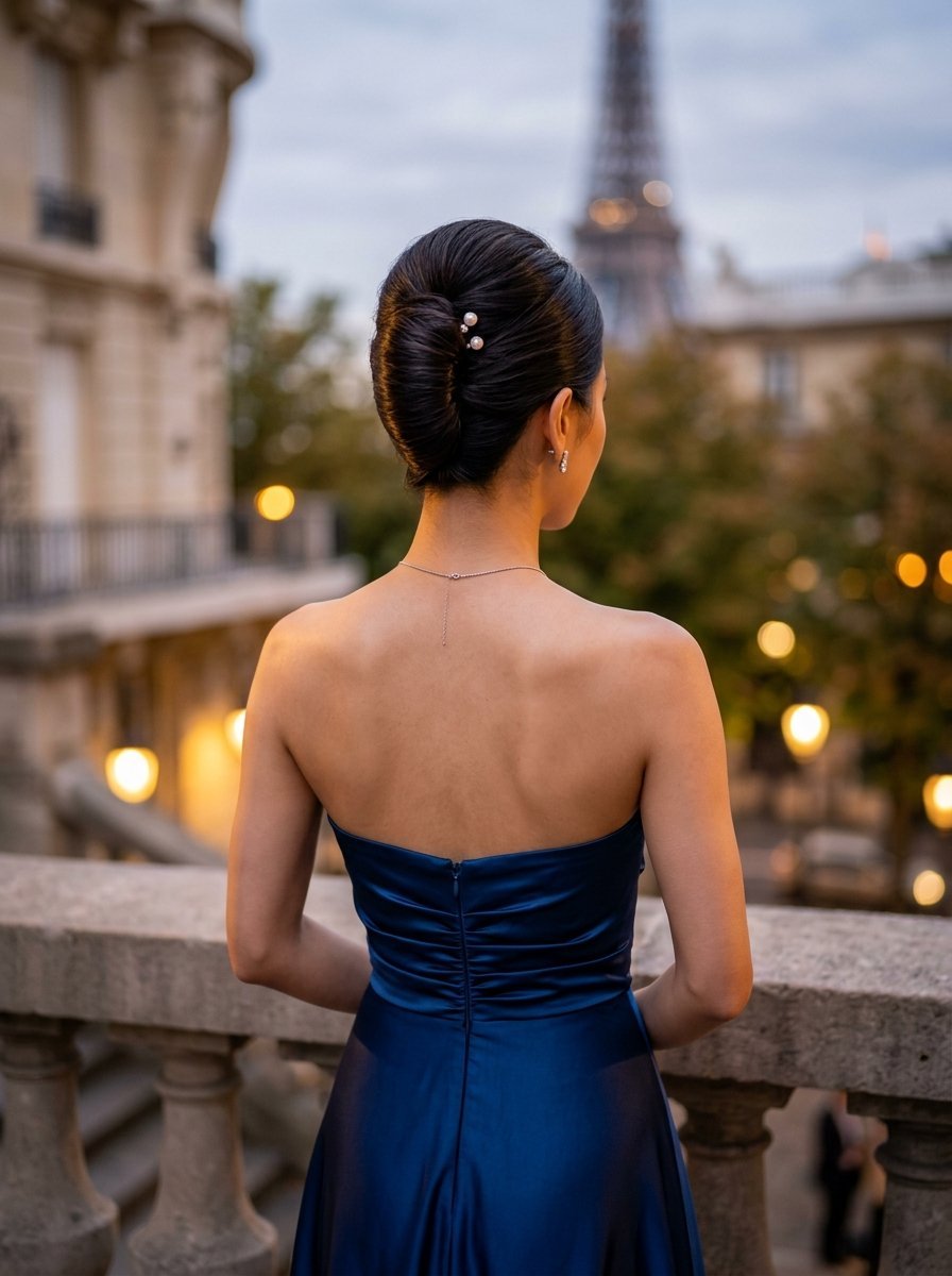 Back view of a woman with an elegant updo hairstyle wearing a strapless blue dress against a Parisian backdrop.