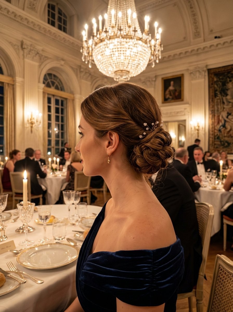 Side profile of a woman with braided hair and pearl pins in a navy dress at a candlelit banquet with a chandelier.