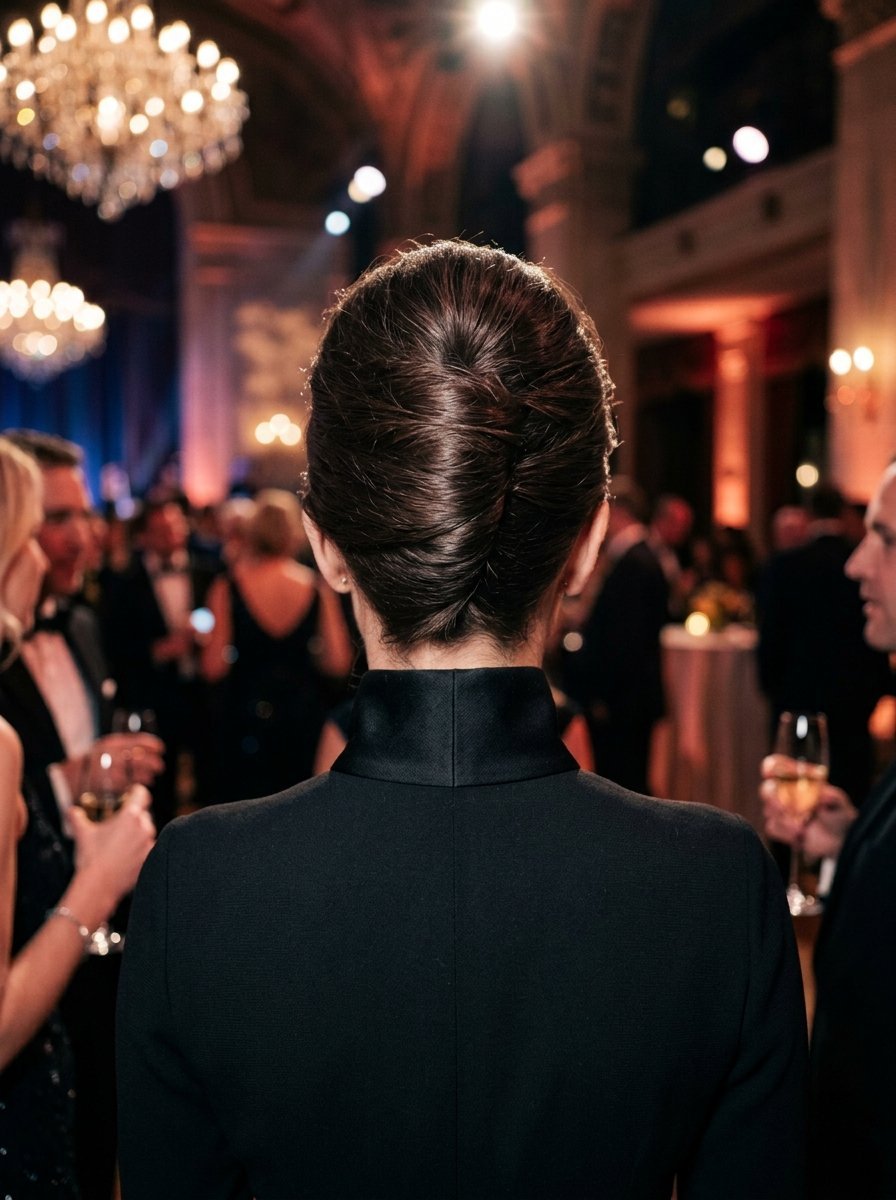Close up rear view of a woman with her brown hair styled in a sleek french twist at an evening ballroom event.