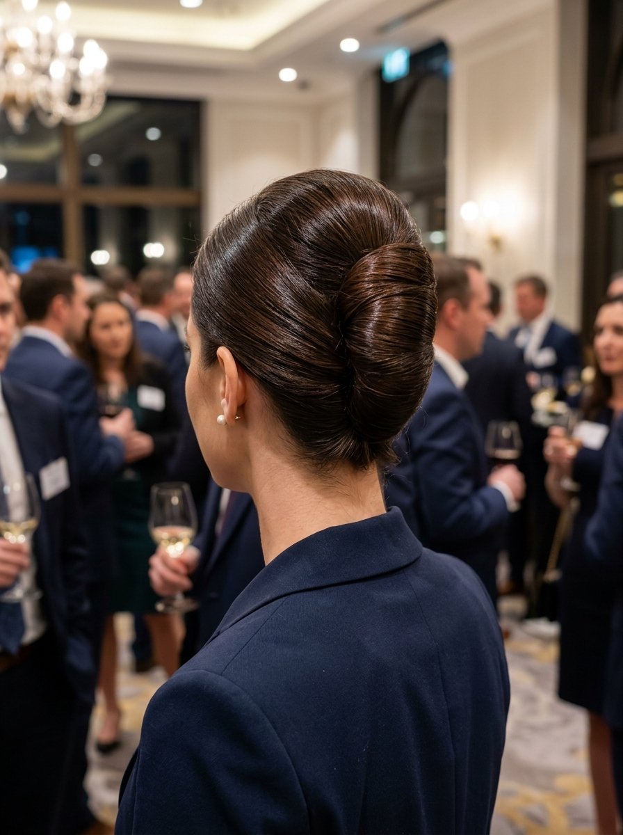 Close-up of a woman with dark hair in a polished, sophisticated twist style at a corporate event.