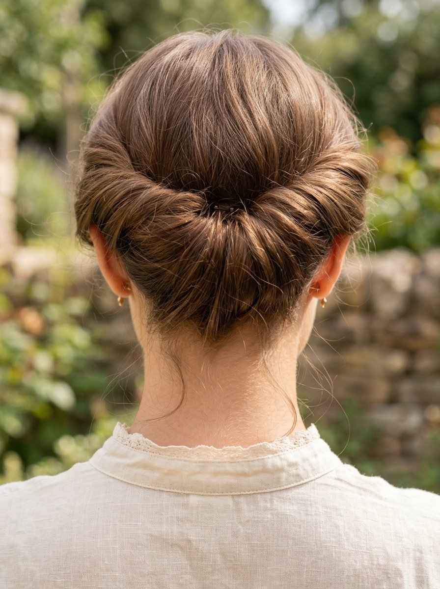 Back view of a woman with light brown hair worn in a neat, low twisted updo.