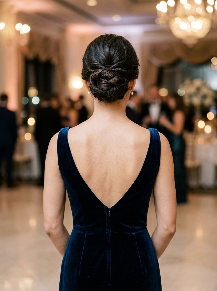 Back view of a woman with an intricate hair bun wearing a dark blue velvet dress at a formal evening event.