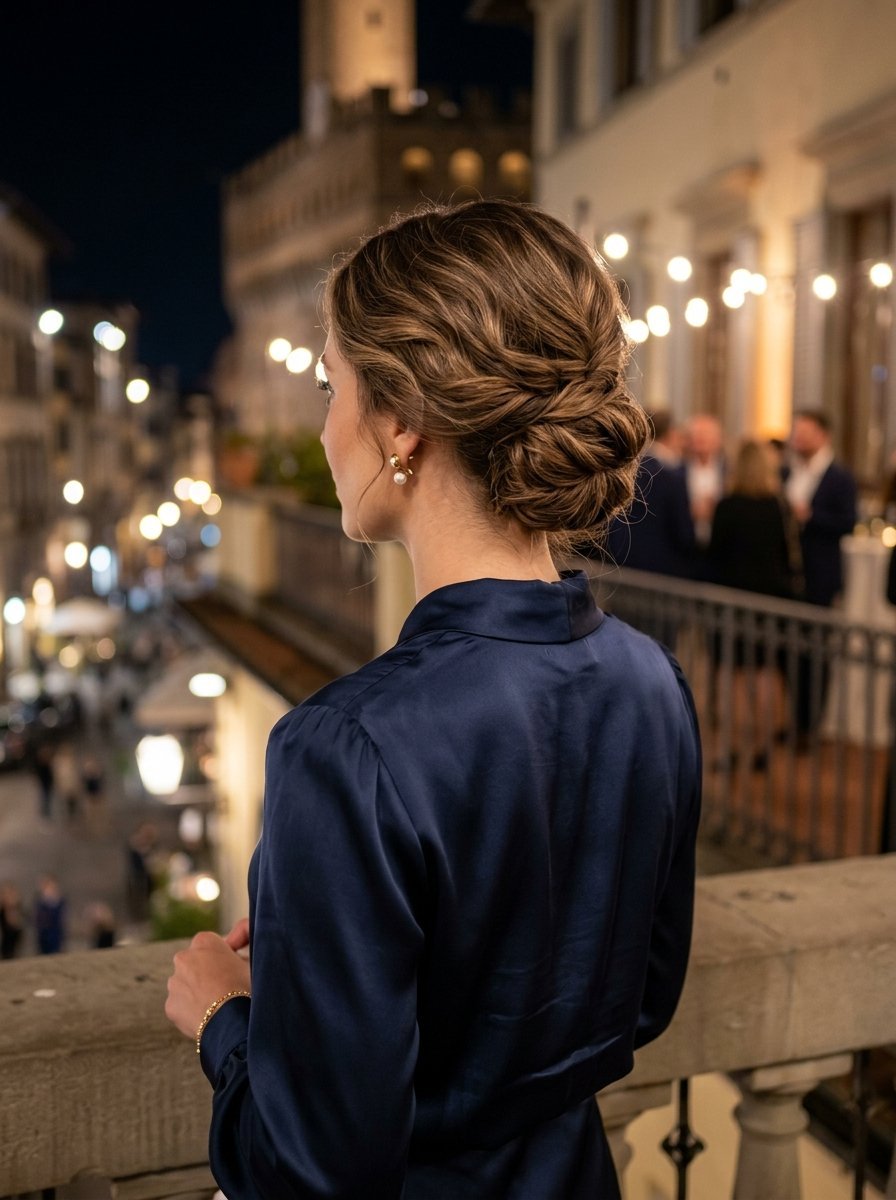 A woman in a navy blue silk blouse viewed from behind with her hair styled in a sophisticated low bun.