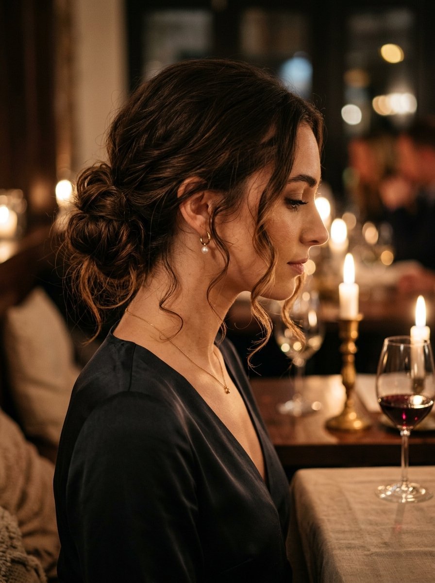 Side profile of a woman with brunette hair in an updo wearing a pearl earring at a dark restaurant table.