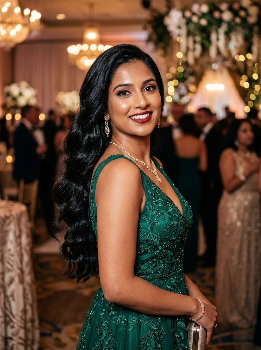 Smiling woman with long dark hair wearing a sleeveless dark green embroidered dress at an evening event.