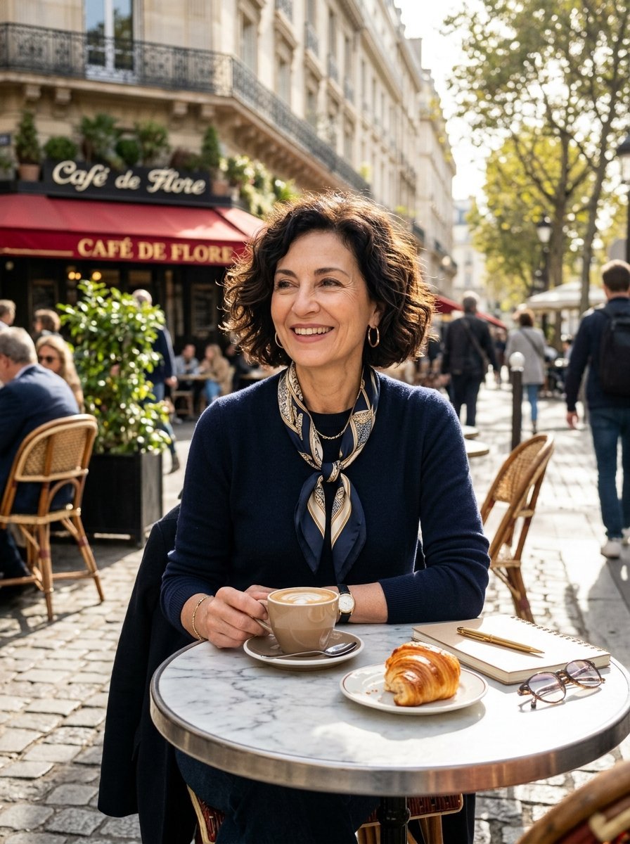 Middle aged woman with dark curly hair sitting at an outdoor marble cafe table in front of Cafe de Flore.