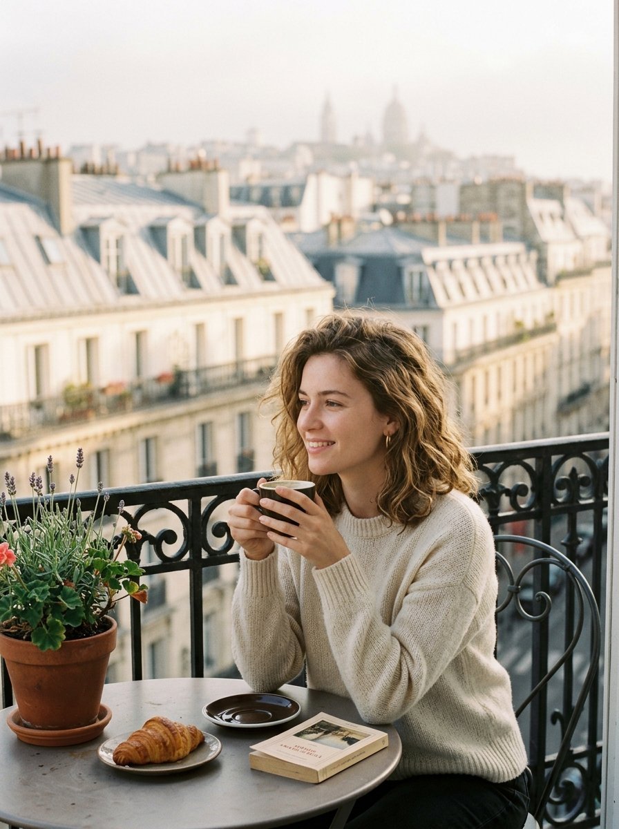 Young woman with curly hair sitting at a bistro table with a croissant and coffee overlooking city rooftops.