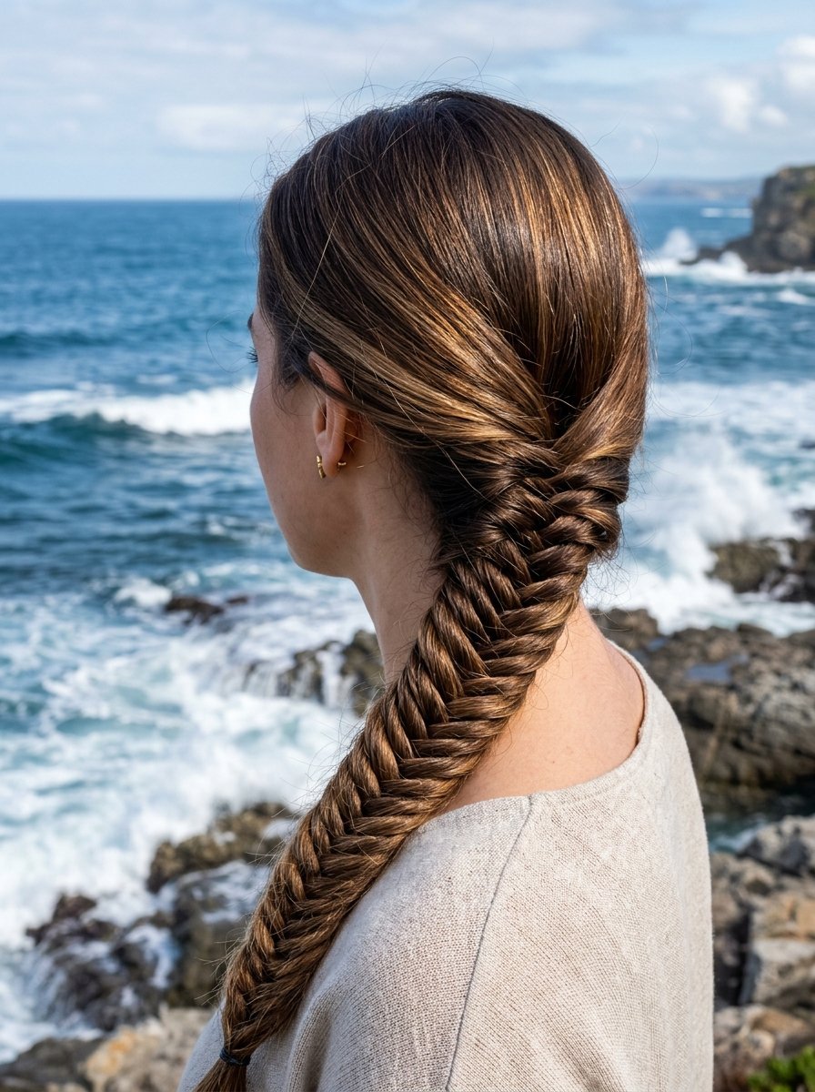 Side profile of a woman with long brunette hair styled in a fishtail braid, standing by a rocky coastline.