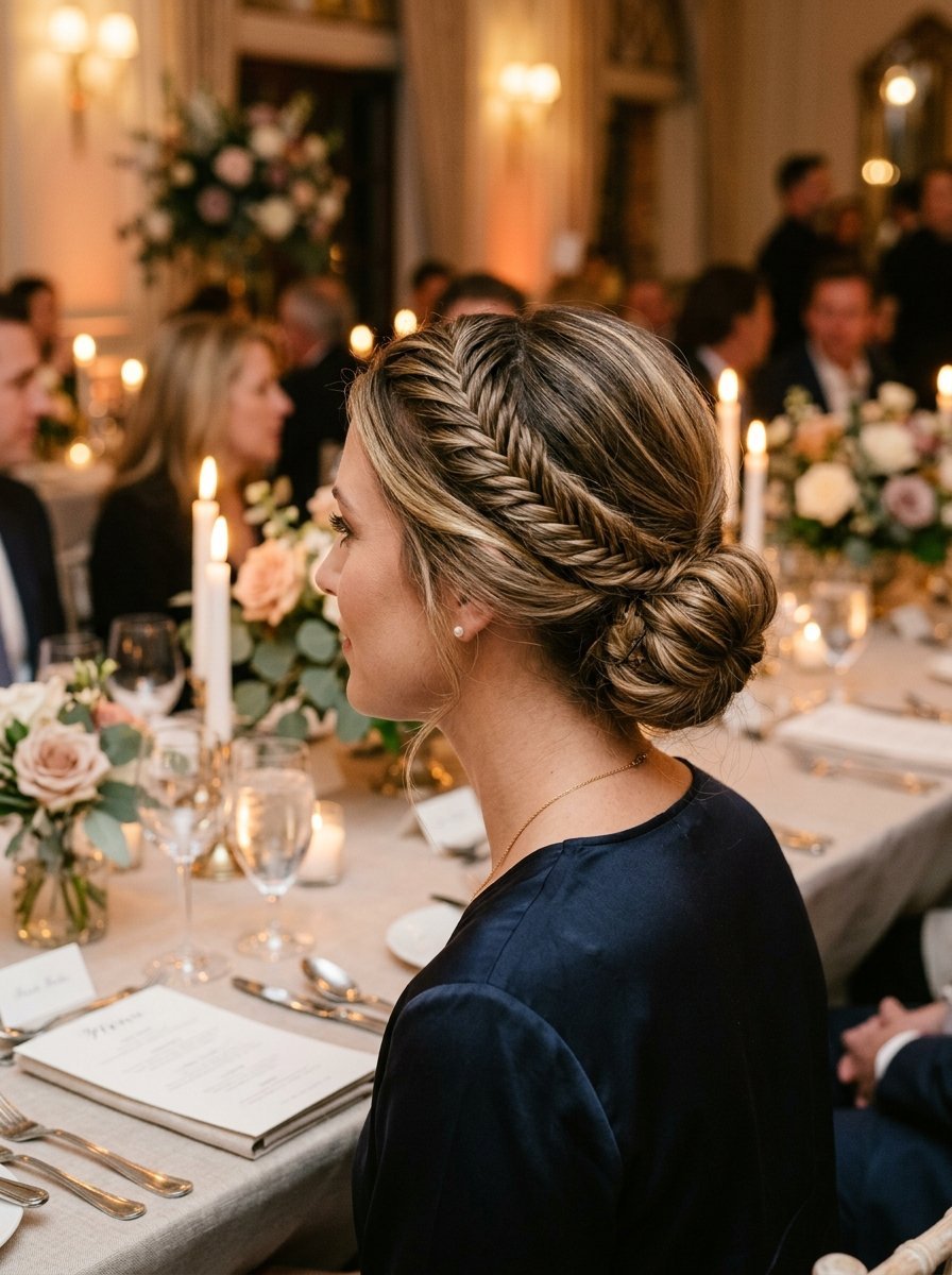 Side profile of a guest wearing a navy silk dress and an elegant braided hairstyle at a candlelit wedding table.
