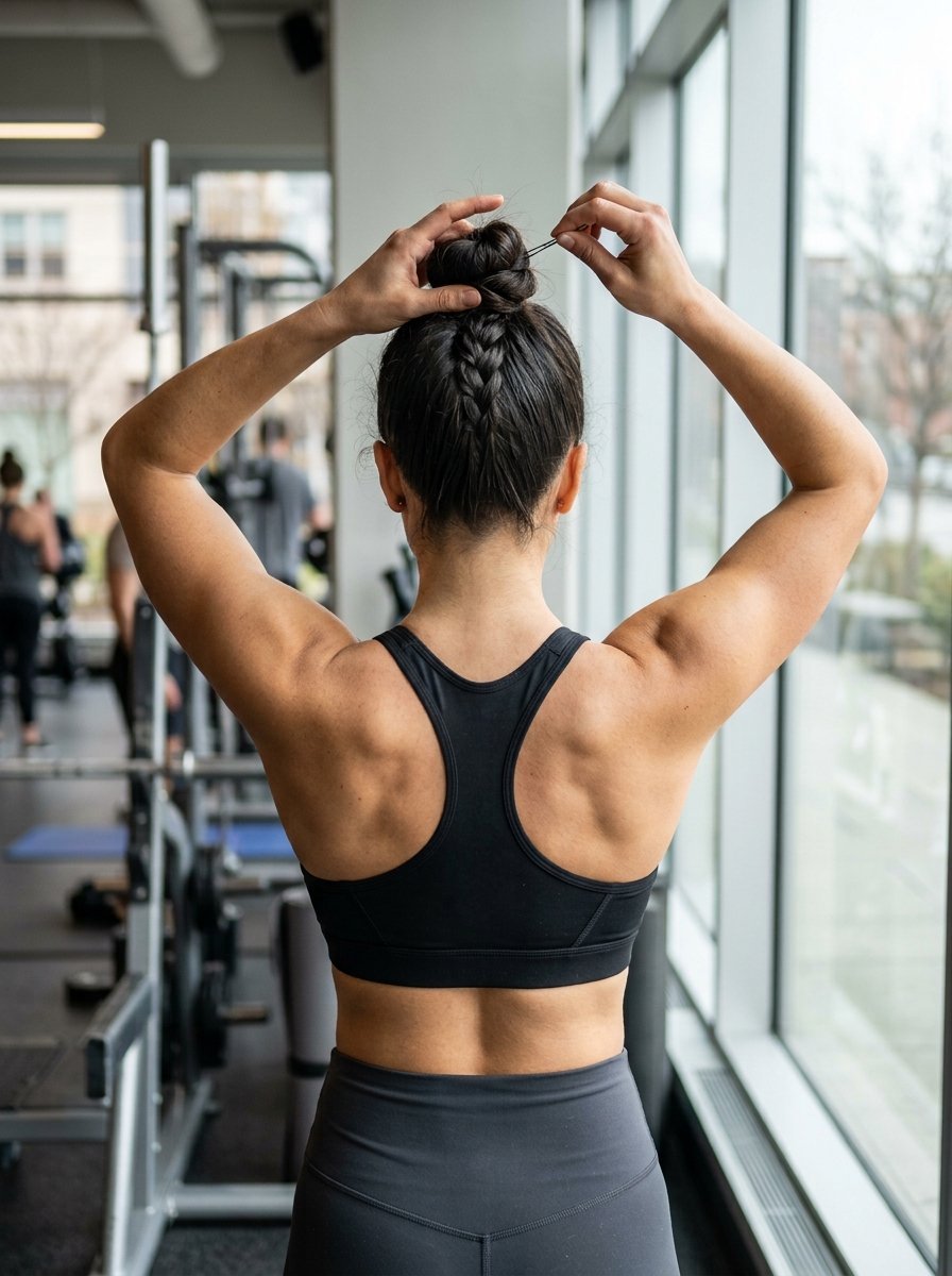 A woman from behind in a black sports bra pinning up a braided bun while standing in front of gym windows.