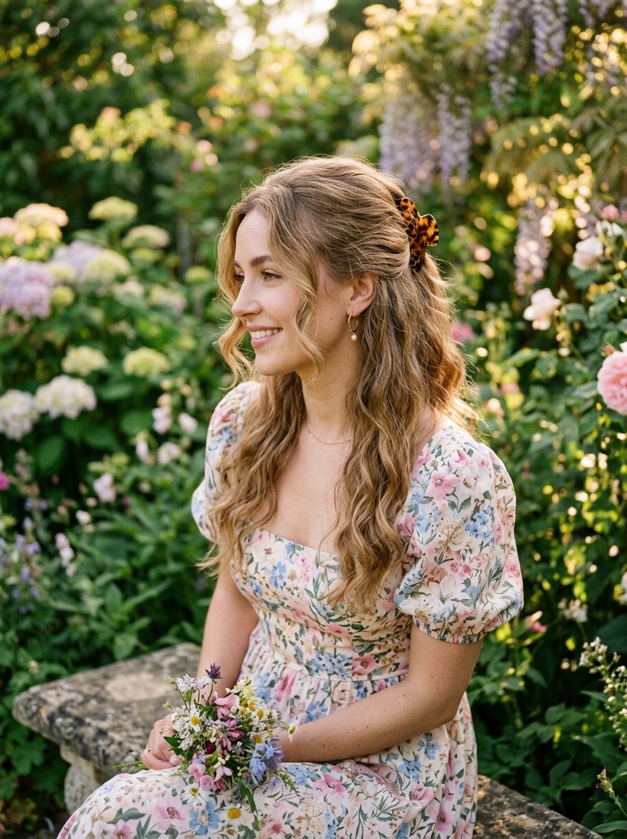 A smiling woman with blonde hair held back by a claw clip wears a floral puff-sleeve dress while holding wildflowers.