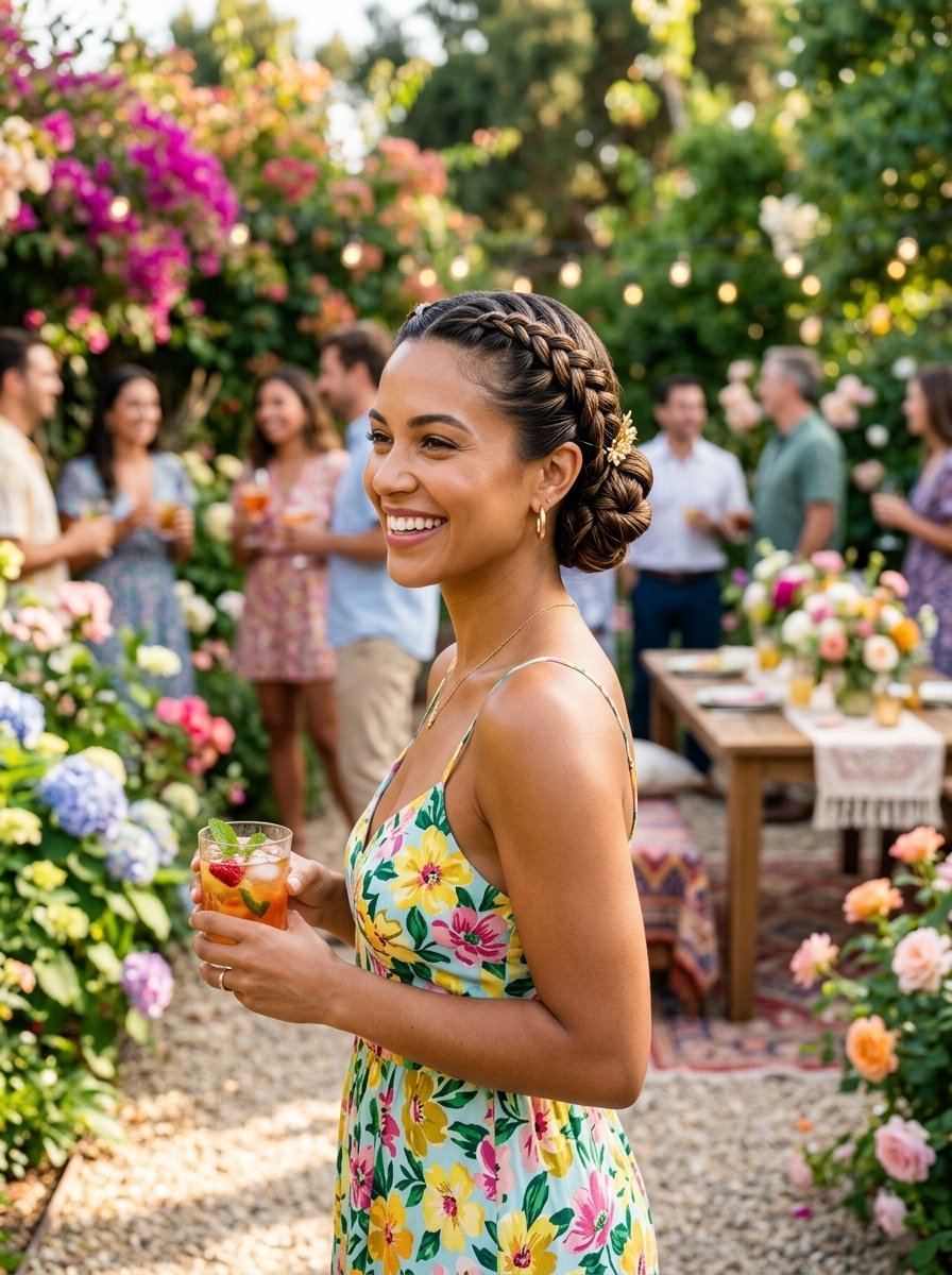 A woman in a floral dress with braided hair holds a drink during an outdoor party with friends in the background.